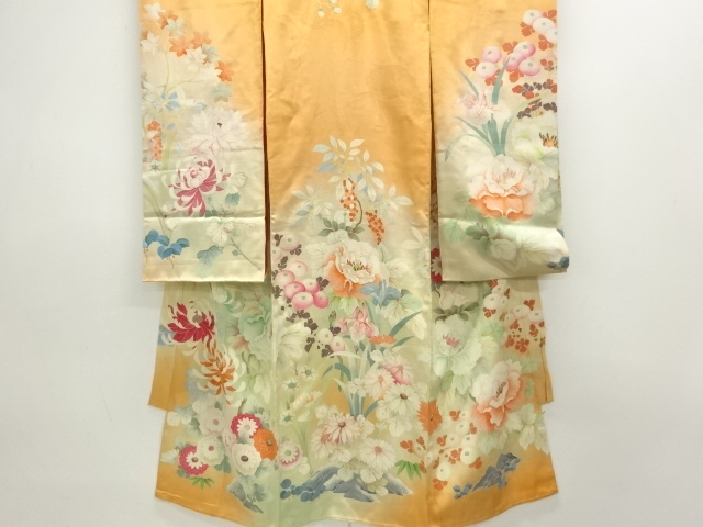 JAPANESE KIMONO / ANTIQUE KIMONO / SILK / MON KINSHA / EMBROIDERY / KIKU & PEONY